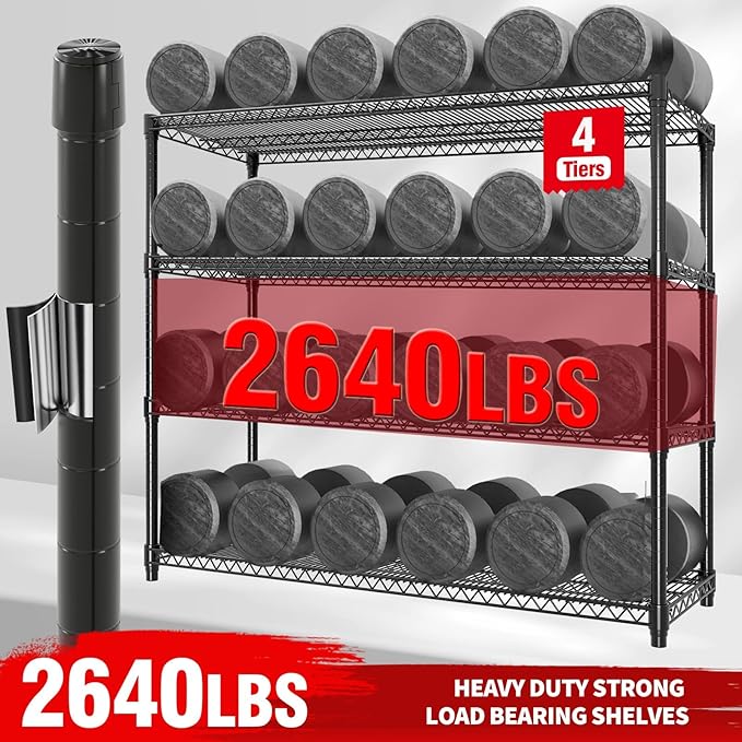 4-Tier Tall Steel Wire Shelving Unit with Wheels, Heavy Duty Storage Rack, 2640 Lbs Capacity, Adjustable Industrial Shelves for Garage, Workshop, or Warehouse