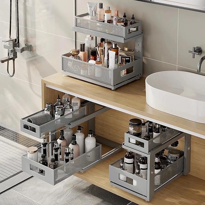 2 Pack 15.74IN-Depth Under Sink Organizer With Next-Gen Ball-Bearing Slides,2-Tier Pull Out Cabinet Storage,Height Adjustable Drawer Shelf for Bathroom,Kitchen,Laundry,Cabinet,Pantry-Gun Gray