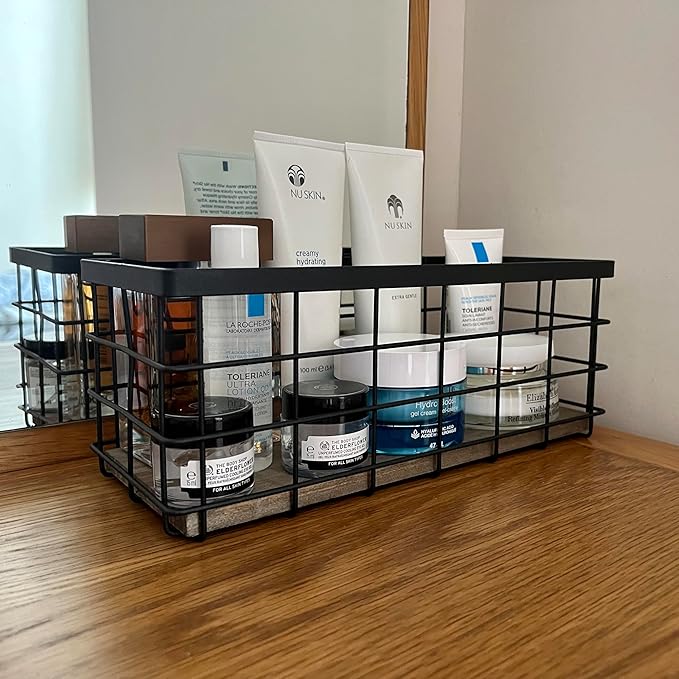 Small Bathroom Organizer Tray with wooden base, Home Decor Basket, Metal Wire Storage Basket, Organizer for Skincare, Japanese farmhouse basket, Black (1)