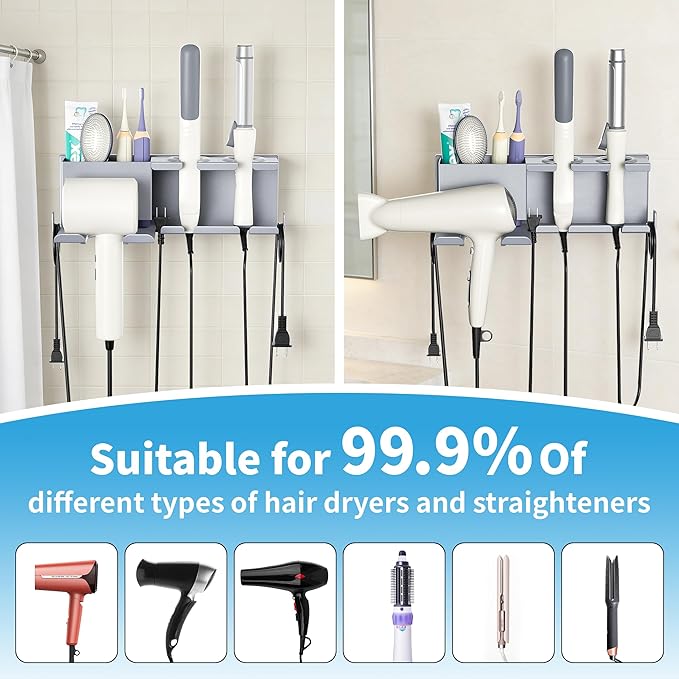 BOIVSHI Blow Dryer Holder, 2 Installation Methods (Adhesive & Screws) Hair Dryer Holder Wall Mounted, Metal Hair Tool Organizer for Curling Iron, Straightener, Bathroom Wall Organizer, Gray