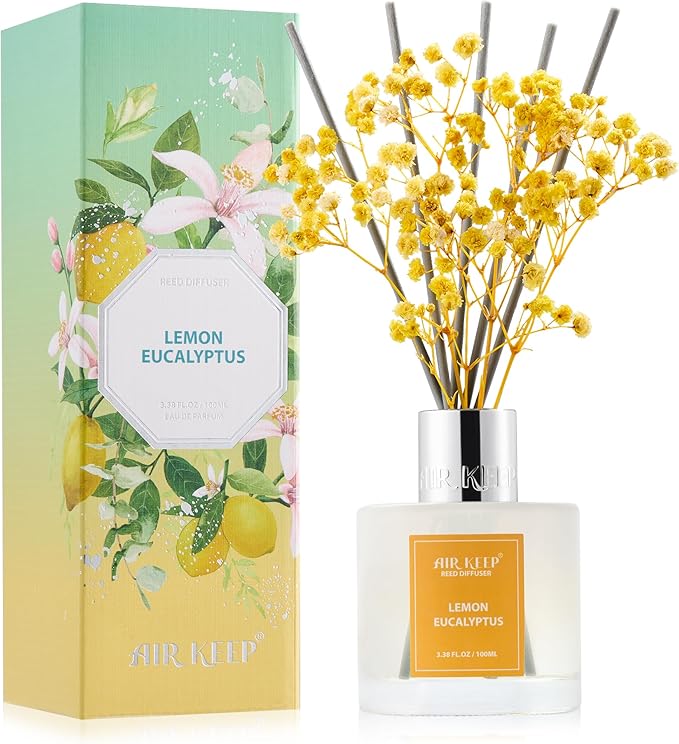 Airkeep Reed Diffuser Set,3.38 fl oz (100 ml) - Lemon Eucalyptus Oil Diffusers with 8 Reed Sticks, Home Fragrance Reed Diffuser for Bathroom Shelf Decor