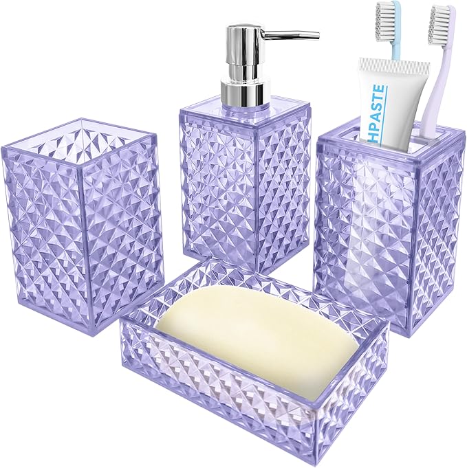 Bathroom Accessory Set, 4 PCS Light Purple Bathroom Accessories Set, Soap Dispenser and Toothbrush Holder Set, Soap Dish and Mouthwash Cup, Boho Bathroom Decor, Plastic Bathroom Sets