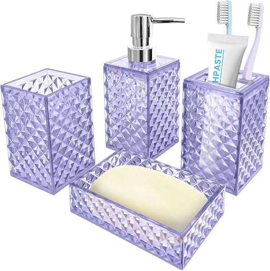 Bathroom Accessory Set, 4 PCS Light Purple Bathroom Accessories Set, Soap Dispenser and Toothbrush Holder Set, Soap Dish and Mouthwash Cup, Boho Bathroom Decor, Plastic Bathroom Sets