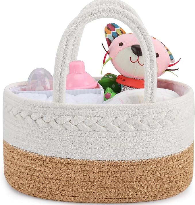 ABenkle Diaper Caddy Organizer, Boho Rustic Cotton Rope Nursery Baby Basket, Changing Table Organizer for Baby Diaper Storage and Baby Shower