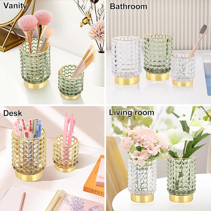 DASITON Makeup Brush Holder Organizer, Crystal Cosmetic Make Up Brush Holder, Glass Makeup Brushes Storage Organizer, Vintage Make Up Cup Desk Pen Pencil Holder, Toothbrush Holders (Green S+L)