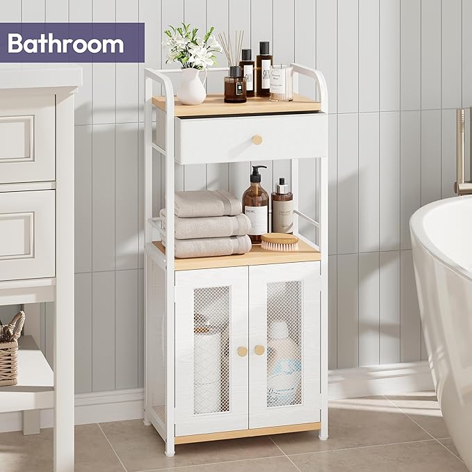 SWTYMIKI 14.57"x32.28" Bathroom Storage Cabinet – Freestanding Storage Cabinet with Doors and Drawer, Bathroom Organizers and Storage for Small Spaces – Ideal for Towels and Toiletries, Natural