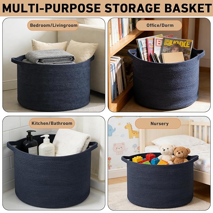 115L Extra Large Navy Blue Woven Cotton Rope Basket with Handles, Kids Nursery Laundry Hamper for Toys, Blankets, Pillows & Comforters, Storage Bin for Bedroom & Playroom