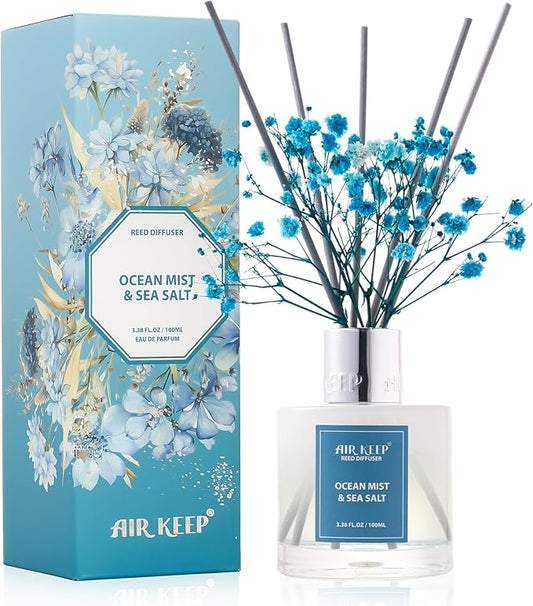 Airkeep Reed Diffuser Set,3.38 fl oz (100 ml) - Ocean Mist&Sea Salt Oil Diffusers with 8 Reed Sticks,Home Fragrance Reed Diffuser for Bathroom Shelf Decor