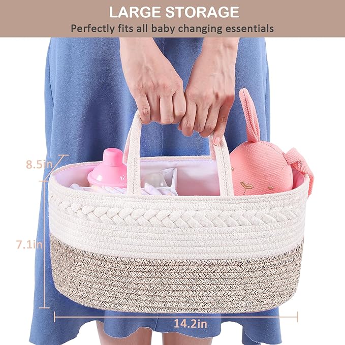 ABenkle Diaper Caddy Organizer, Boho Rustic Cotton Rope Nursery Baby Basket, Changing Table Organizer for Baby Diaper Storage and Baby Shower
