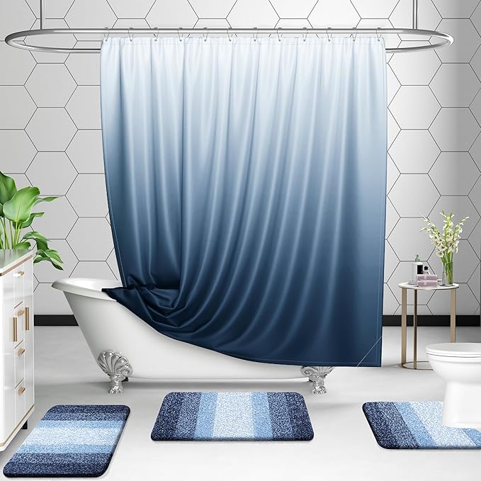 OLANLY Bathroom Rug Set 2 Piece, Soft Absorbent Microfiber Bath Rug Set, Non-Slip, Machine Wash Dry, Plush Shaggy Bath Mats for Bathroom (47"x20"+24"x16", Navy)