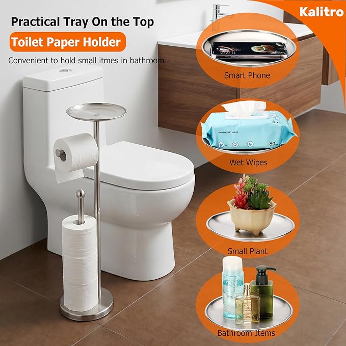 Kalitro Toilet Paper Holder Freestanding with Big Shelf, 4 Rolls Reserve Paper Holder Stand, Modern Paper Roll Holder with Storage Space for Phones (Brushed Nickel)