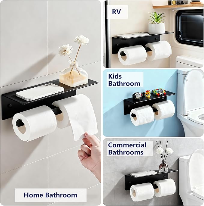 Toilet Paper Holder with Shelf, Adhesive Double Tissue Roll Holder Wall Mounted for Bathroom, Black