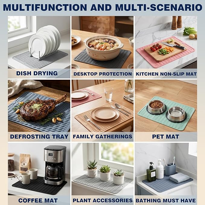 CAKETIME 2 Pack Silicone Dish Drying Mat for Kitchen Counter Heat Resistant Quick Dry Pads Hot Dishes Waterproof with Under Sink Rack Soap Holder Coffee Accessories 15"x11.5" Light Gray