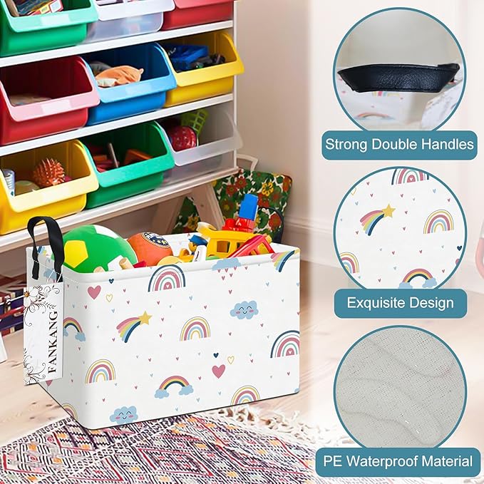 Storage Bins, Nursery Hamper Canvas Laundry Basket Foldable with Waterproof PE Coating Large Storage Baskets for Kids Boys and Girls, Office, Bedroom, Clothes,Toys(Rec-Love Rainbow）