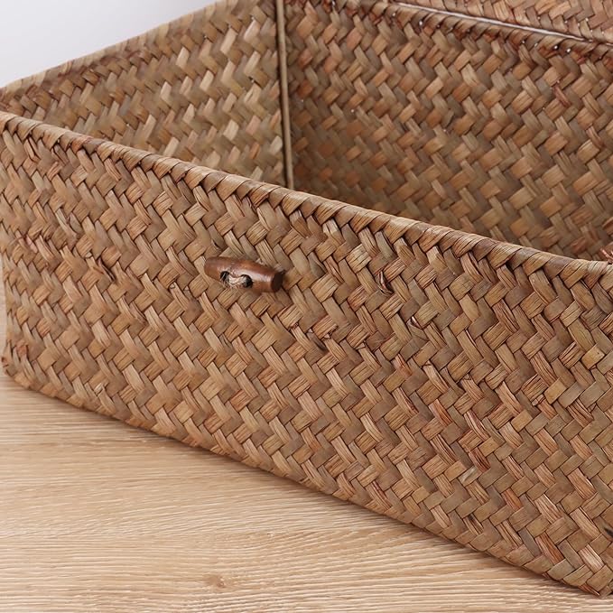 FEIALNDUO Wicker Shelf Baskets with Lid,Seagrass Storage Basket Bins Rectangular Handwoven Basket Boxes for Shelves Desktop Home Organizer (Coffee, Medium)