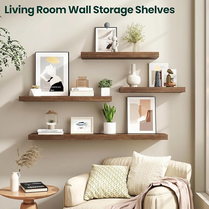 Floating Shelves for Wall 36 in x 9.3 in Deep, Wall Mounted Rustic Wood Shelf with Invisible Brackets for Storage & Display, Living Room Bedroom Bathroom, Walnut, 2 Pack