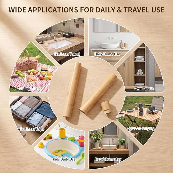 2 Pcs Natural Bamboo Toothbrush Storage Holder Empty Reusable Portable Toothbrush Case with Cover Personal Cleaning Tools Container Organizer Tube for Travel Trip
