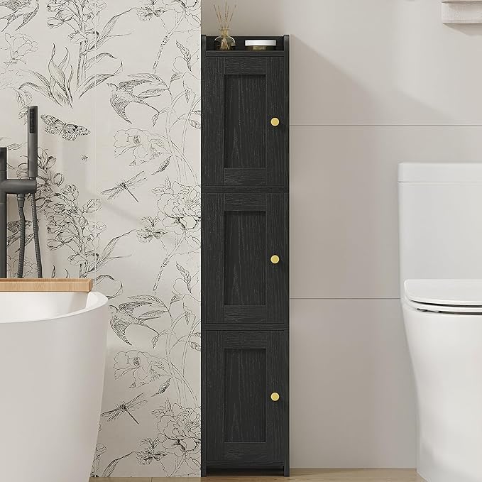 HEXCELEN Slim Bathroom Storage Cabinet, Narrow Cabinet with 3 Doors, Small Bathroom Organizers and Storage, Laundry Room Organization for Small Space, Kitchen, Living Room, Black 022304X