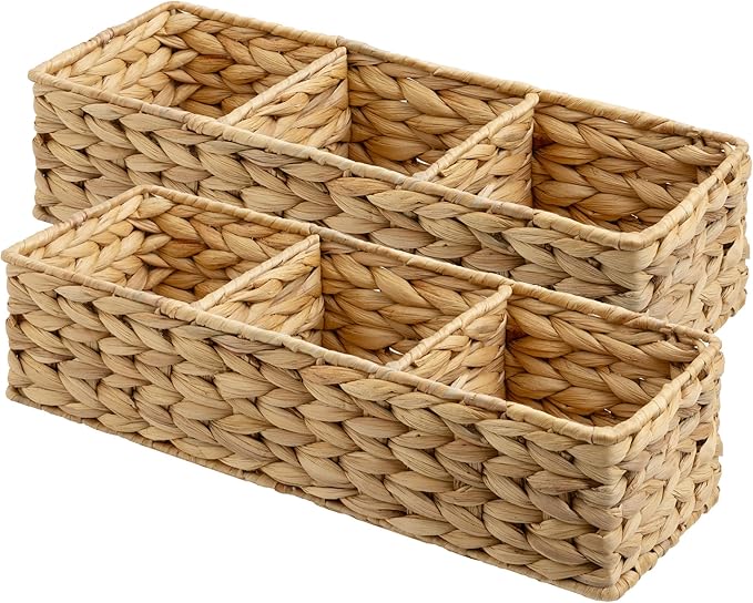 StorageWorks Toilet Paper Basket for Back of Toliet, Toilet Tank Basket with 3 Large Compartments, Water Hyacinth Toilet Paper Storage Baskets, 17¼" x 6" x 4¼", 2-Pack