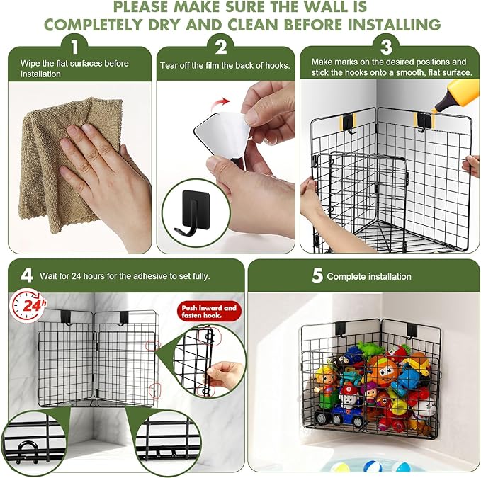 Greentainer Corner Bath Toy Storage Organizer, Large Rustproof Metal Wire Basket, Foldable Wall Mounted Hanging Bathtub Toy Holder with Drainage, No Drilling Adhesive Shower Caddy for Bathroom Tub
