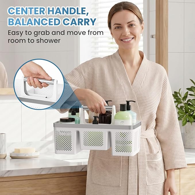 BYUNER Plastic Shower Caddy Dorm: Portable Shower Basket Tote with Handle, 4 Compartments, All-Side Drainage, Hard Bathroom & Cleaning Caddy Organizer for college Dorm Room Essentials, White/Silver