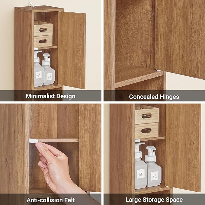 Haotian Bathroom Narrow Storage Cabinet Skinny Tall Unit with Adjustable Shelves Slender Anti-Tipping Floor Standing Cupboard, Natural BZR34-PF
