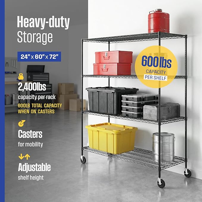 SafeRacks - NSF Certified Storage Shelves, Zinc, Heavy Duty Steel Wire Unit with Wheels and Adjustable Feet, Garage or Bakers Rack, Kitchen, Pantry Shelf - (24"x60"x72" 4-Tier) (Black)