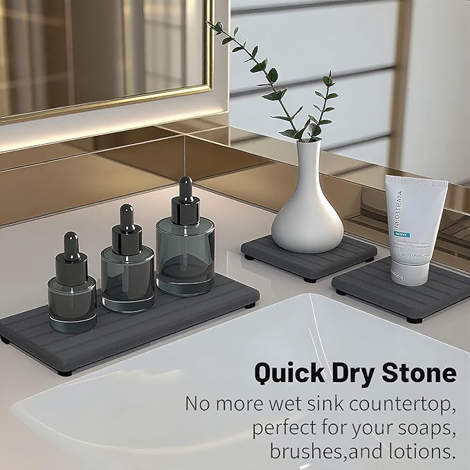 3PCS Stone Drying Tray, Stone Soap Tray, Water Absorbing Stones Trays for Sink, Fast Dry Diatomite Stones Sink Mat, Used for Hand Soap,Sponge,Toothbrush Holder in Bathroom Counter and Kitchen Sinks