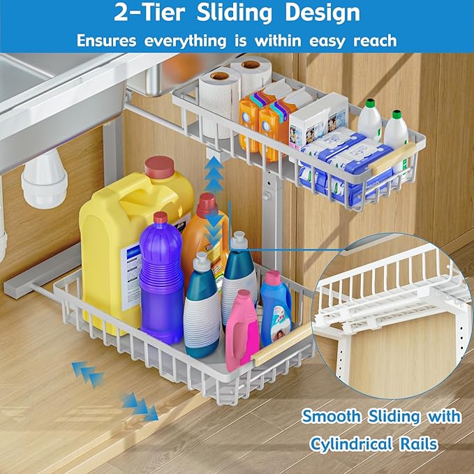 2Pcs Under Sink Organizer, Adjustable Under Sink Organizers and Storage, 2-Tier Pull Out Under Kitchen Sink Organizer, Sliding Out Metal Under Bathroom Sink Organizer for Kitchen Pantry White