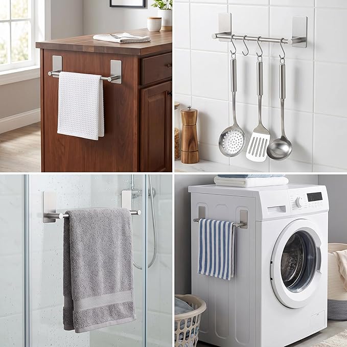 Adhesive Towel Bar 9-inch, Stick On Bath Towel Rack, Hand Towel Holders, No Drilling on Wall - Brushed Nickle