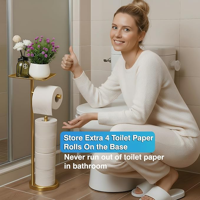 Gold Toilet Paper Holder with Shelf, Freestanding Tissue Holder Stand with Storage Space for Extra 4 Toilet Paper Rolls (Stainless Steel Base, Gold)