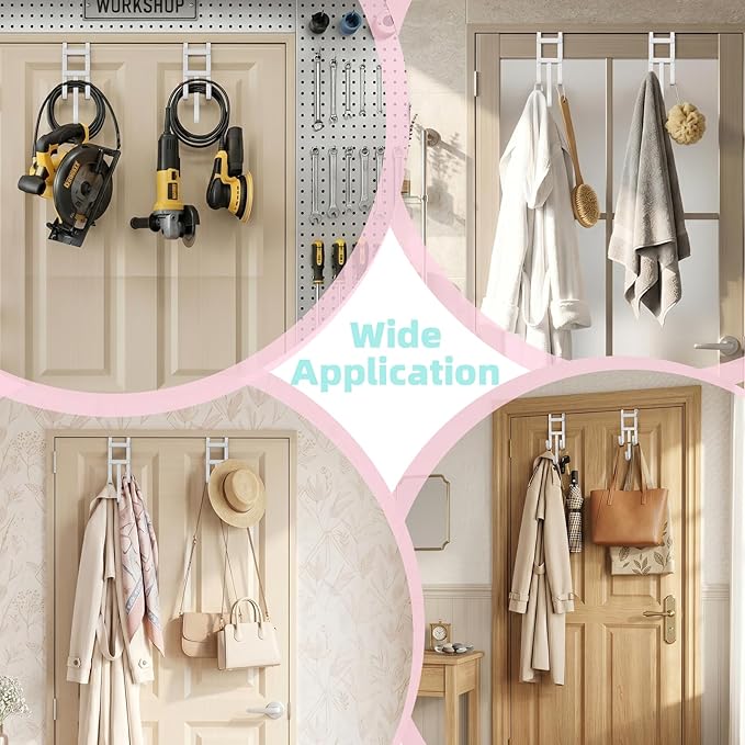 Over The Door Hooks - 2 Pack Heavy Duty Triple-Hook Organizer Hanger with Rubber for Towels, Clothes, Hats & Bags Use in Bathroom, Bedroom, Kitchen - Fits Interior Doors (White, Shape A)