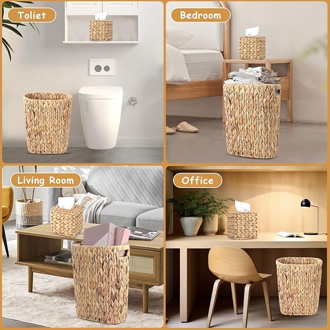 Bathroom Accessory Set, 10 Pieces Bath Set- Wicker Trash Can Tissue Box Soap Dish Toothbrush Holder Rinse Cup Lotion Bottle Toilet Brush Qtip Holder - Practical Bathroom Decor Sets (Beige, Bath Set)