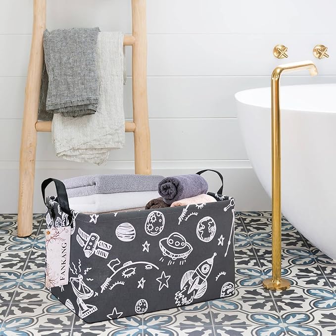 Storage Basket,Nursery Hamper Canvas Laundry Basket Foldable with Waterproof PE Coating Storage, Office, Bedroom, Clothes,Toys (Rec-Space Planet)