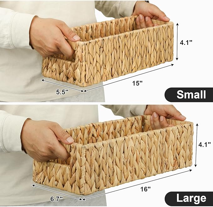 Graciadeco Nesting Small Wicker Basket, Water Hyacinth Toilet Paper Baskets Bathroom Organizer Woven Long Narrow Baskets for Organizing Pantry Bathroom Toilet Tank, 2 Pack