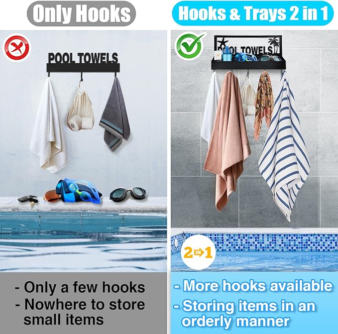 Pool Towel Rack - 2-in-1 Outdoor Poolside Beach Washcloth Drying Rack Holder, Wall Mounted Metal Hooks Decor for Bath Towel Storage, Robe Swimsuit, Coat, Bags, Phone, Keys - Black