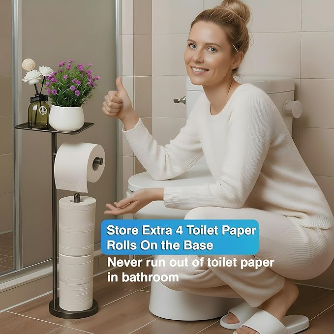 Toilet Paper Holder with Shelf, Freestanding Toilet Paper Stand with Storage Space for Holding Extra 4 Toilet Paper Rolls (Stainless Steel Base, Black)
