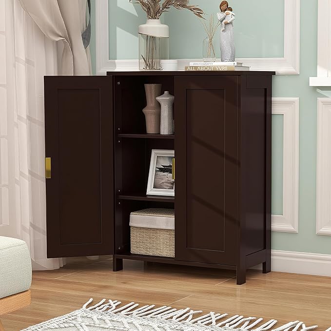 TaoHFE Brown Bathroom Storage Cabinet,Wood Bathroom Cabinets Freestanding with 2 Door Organizers Storages with Adjustable Shelves, Storage Cabinet for Living Room,Laundry Room