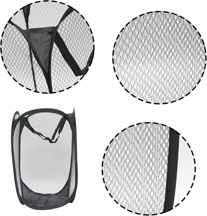 2Pcs Small Laundry Hampers, Folding Popup Mesh Laundry Basket, Collapsible Dirty Clothes Hamper, Portable Mesh Popup Hamper, Ideal for Bedroom, Travel and Home Use (2 Black)