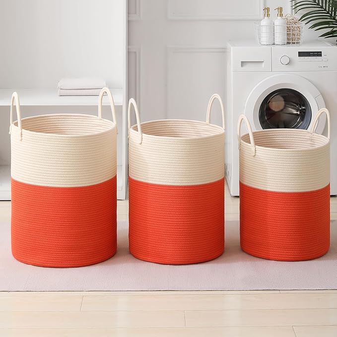 Woven Laundry Hamper Tall Rope Storage Basket for Blanket oys Dirty Clothes in Living Room Bathroom Bedroom (White&Orange, 80L/21.3Gal)