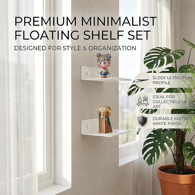 Z metnal Small Floating Shelves, Renter Friendly Mini Metal Display Shelf for Collection Action Figures, Aluminum, Adhesive & Wall Mounted, White, 6 inch, 2 Pack