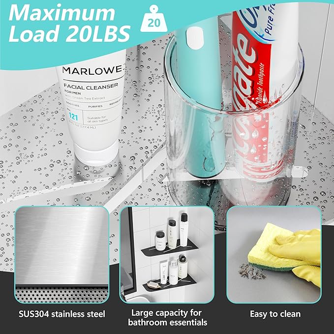 Qeke Shower Corner Shelf 304 Stainless Steel 12" Corner Shelf Bathroom Shampoo Holder for Shower Floating Corner Shelf for Wall, No Drilling, Brushed Nickle, 2Pack