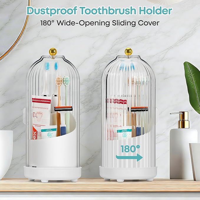 Dustproof Toothbrush Holder, Toothbrush Organizer with 360° Rotating Inner Tray and Sliding Cover, 3-Slot Draining Bathroom Toothbrush Caddy, Vanity Makeup Brush Organizer,White