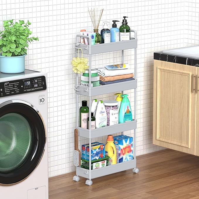 SOLEJAZZ Slim Rolling Storage Cart with Wheels 4 Tier Skinny Bathroom Storage Organizer Narrow Shelf Unit Thin Laundry Room Utility Cart for Bedside Kitchen Office Next to Fridge Small Places, Gray
