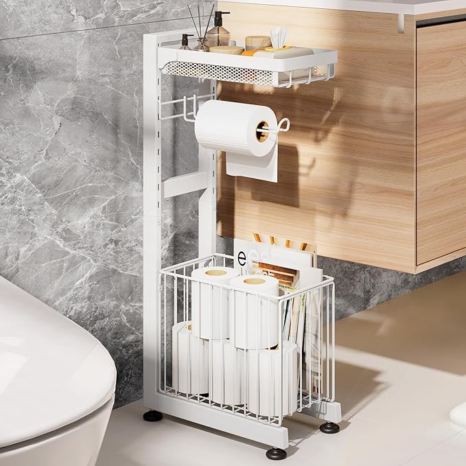 Toilet Paper Holder Stand with Storage Shelf - Multi Tier Metal Toilet Paper Stand with Large Basket for Tissue Rolls, Wipes (White)