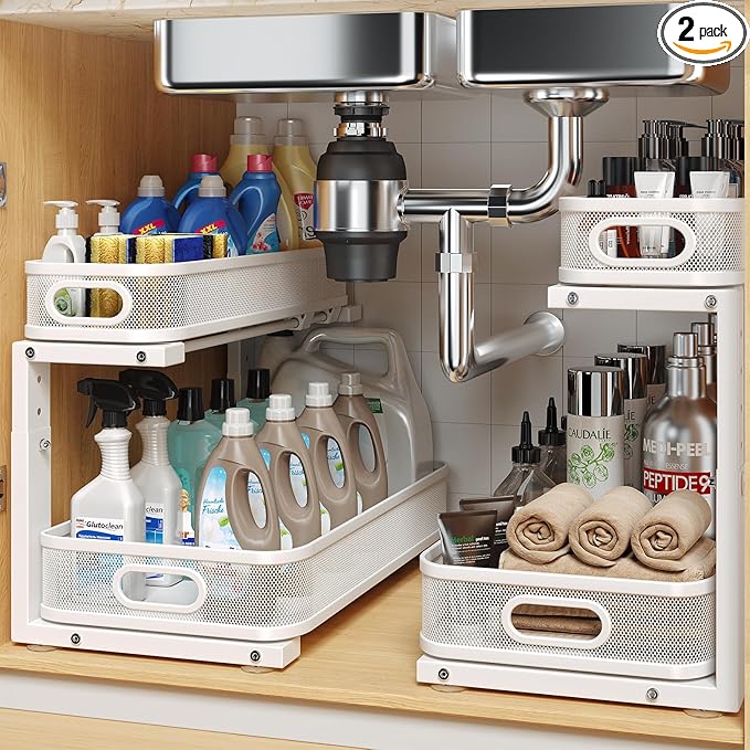 2 Pack 17.3IN-Depth Under Sink Organizer with Smooth Cylindrical Rail,2-Tier Pull Out Multi-Purpose Cabinet Storage for Bathroom&Kitchen,Height Adjustable,Rust-Resistant Coating-White