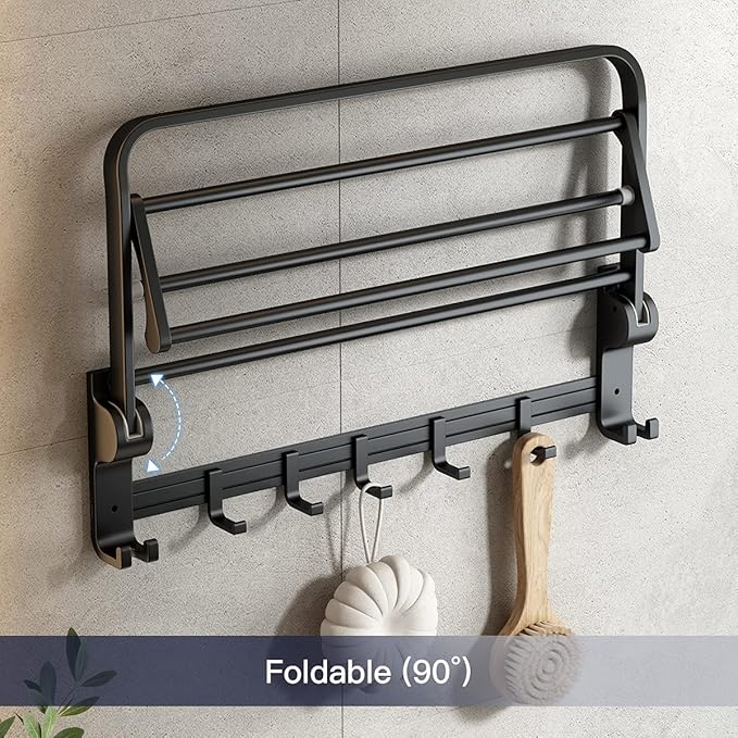 VOLPONE 24 Inch Towel Rack with Towel Bar Holder Foldable Towel Shelf with Movable Hooks Rustproof Towel Storage Wall Mount for Bathroom Lavatory Matte Black