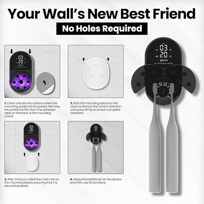 UV Toothbrush Sanitizer Holder | Wall Mounted UV-C Toothbrush Cleaner | Tooth Brush Sanitizer Holder Auto Shut-Off, USB Rechargeable, Fits All Brushes, Bathroom Organizer