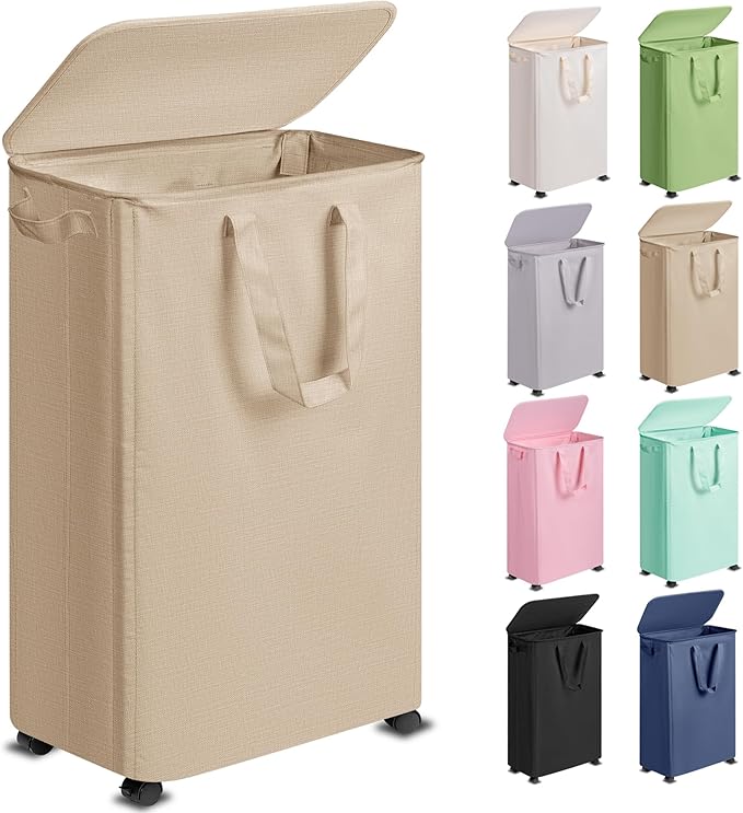 Vincona Slim Laundry Hamper with Lid and Wheels, Small Rolling Laundry Basket with Handle for Small Spaces, Tall Dirty Clothes Hampers for Dorm, Bathroom and Bedroom, 75L, Oatmeal
