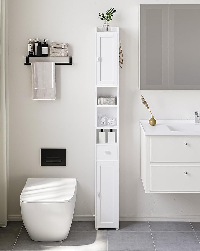 HEXCELEN Bathroom Storage Cabinet, Narrow Tall Bathroom Cabinet, Freestanding Floor Cabinets with 2 Doors and 1 Drawer, Toilets Organizer with Adjustable Shelf, 1 Hook for Small Spaces, White
